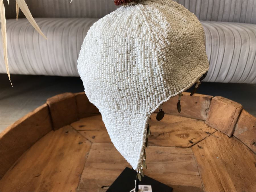 Indonesian Hand Beaded Hat With Feathers And Metal Display Stand Retails $168 [Photo 11]