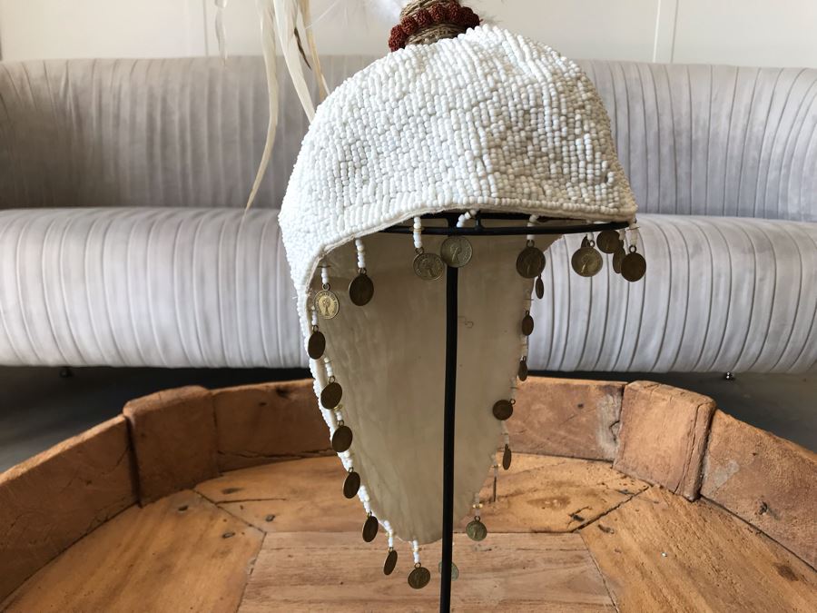 Indonesian Hand Beaded Hat With Feathers And Metal Display Stand Retails $168 [Photo 6]