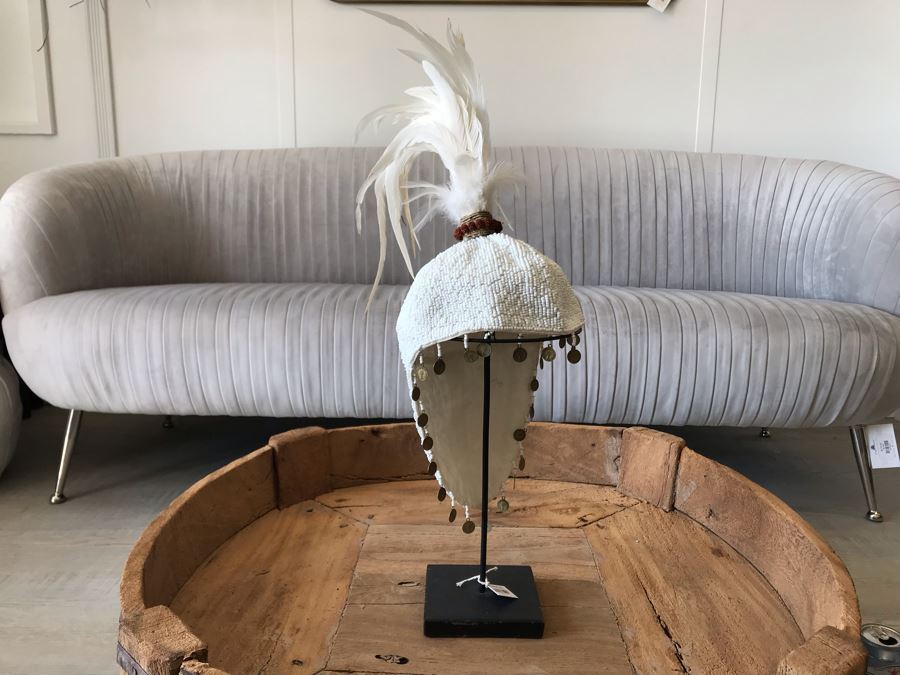 Indonesian Hand Beaded Hat With Feathers And Metal Display Stand Retails $168 [Photo 2]