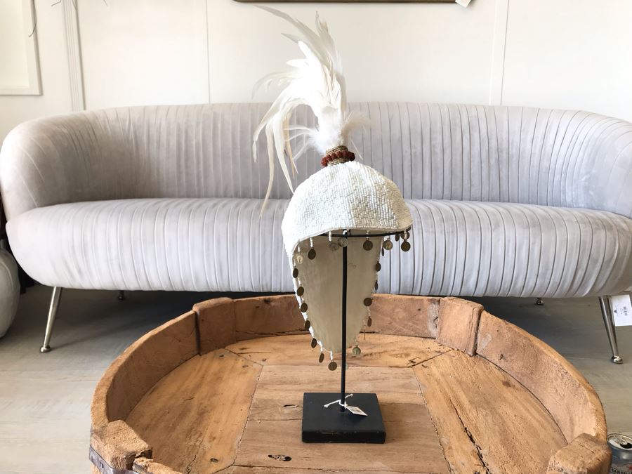 Indonesian Hand Beaded Hat With Feathers And Metal Display Stand Retails $168 [Photo 1]