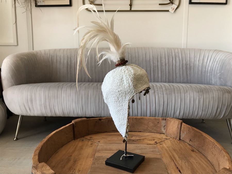 Indonesian Hand Beaded Hat With Feathers And Metal Display Stand Retails $168 [Photo 10]