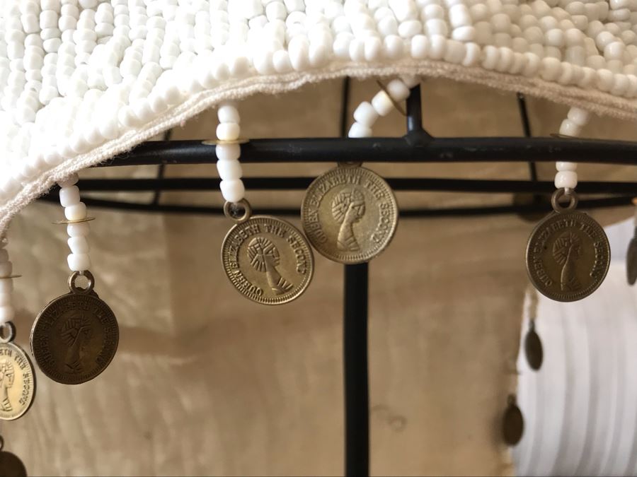 Indonesian Hand Beaded Hat With Feathers And Metal Display Stand Retails $168 [Photo 7]