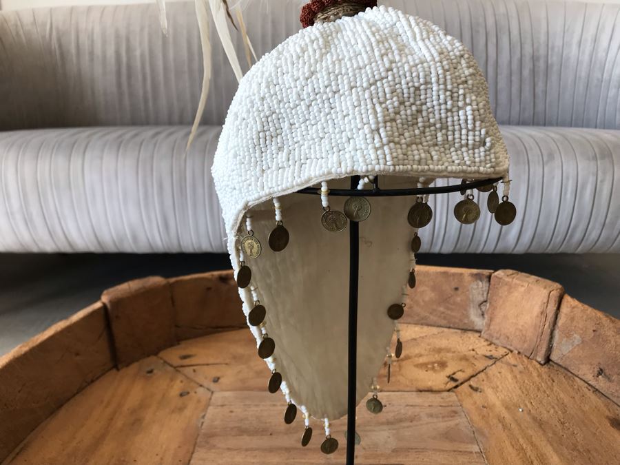 Indonesian Hand Beaded Hat With Feathers And Metal Display Stand Retails $168 [Photo 3]