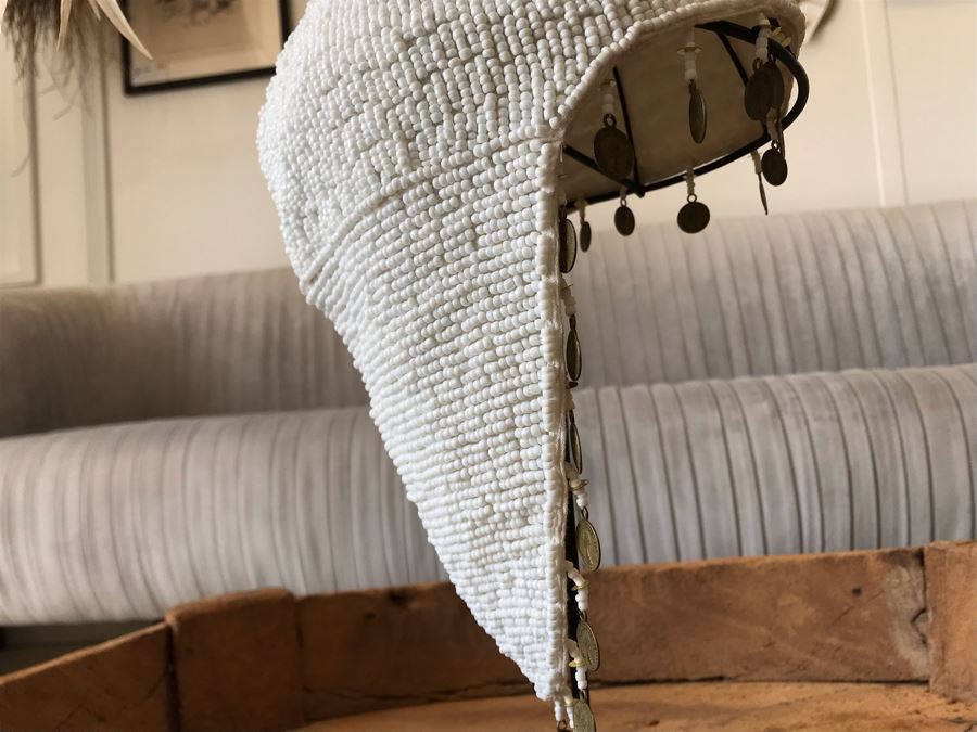 Indonesian Hand Beaded Hat With Feathers And Metal Display Stand Retails $168 [Photo 12]