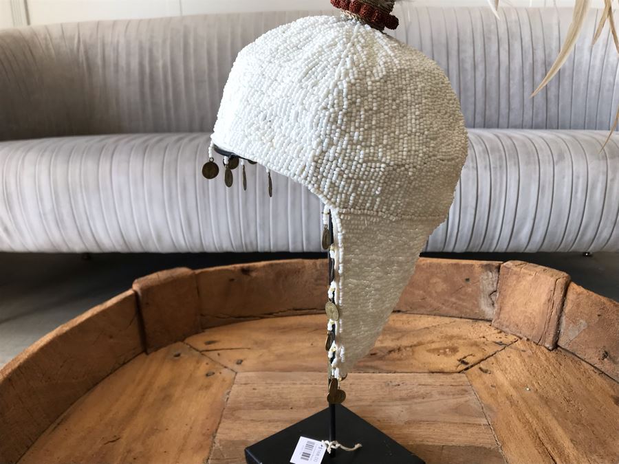 Indonesian Hand Beaded Hat With Feathers And Metal Display Stand Retails $168 [Photo 16]