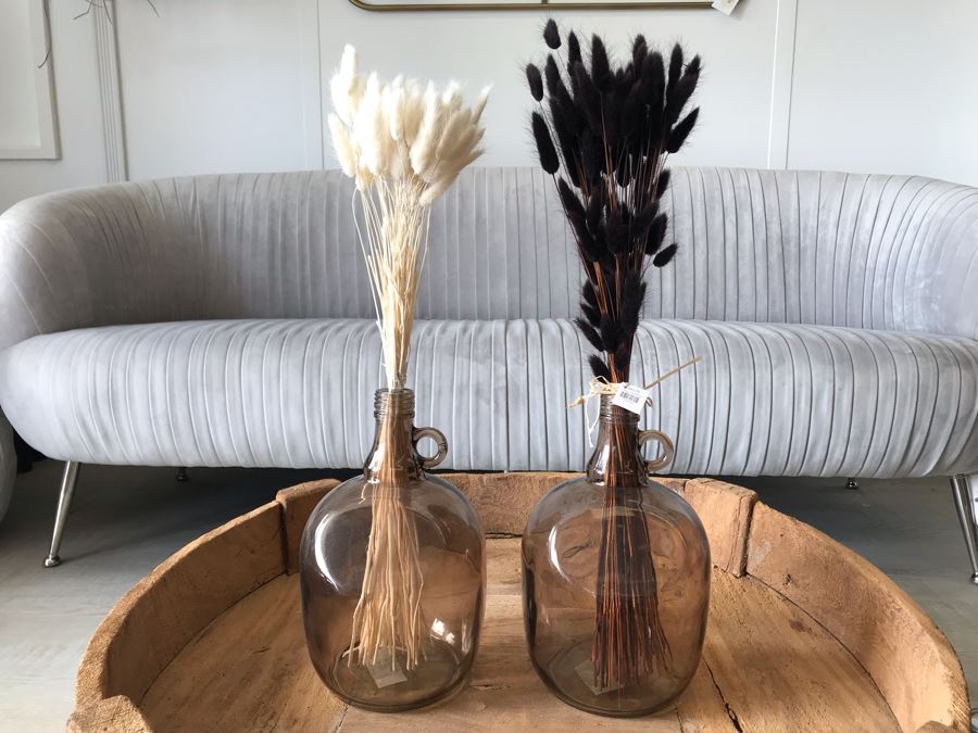 Pair Of Storebror Glass Jugs Vases With White And Black Dried Floral Arrangements 7W X 11H Retails $250