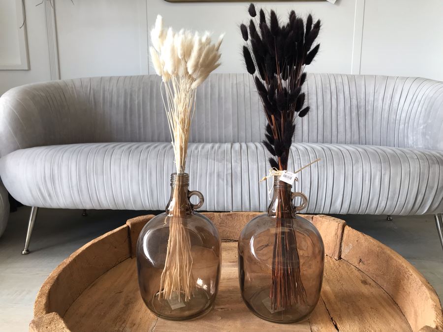 Pair Of Storebror Glass Jugs Vases With White And Black Dried Floral Arrangements 7W X 11H Retails $250 [Photo 3]