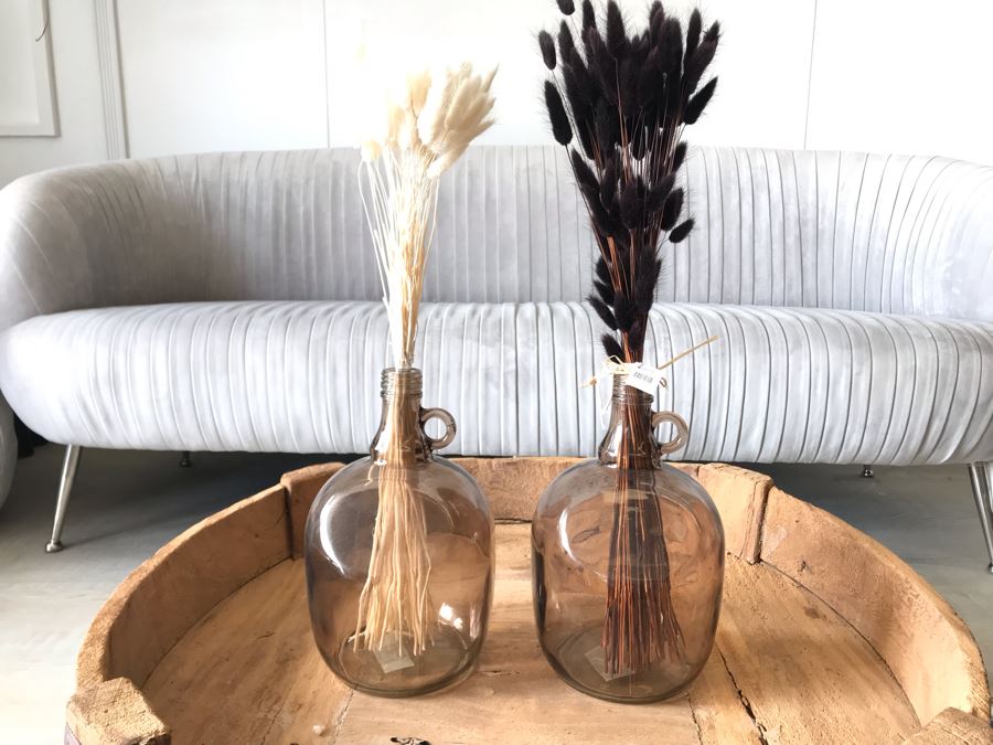 Pair Of Storebror Glass Jugs Vases With White And Black Dried Floral Arrangements 7W X 11H Retails $250 [Photo 2]