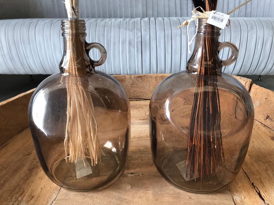 Pair Of Storebror Glass Jugs Vases With White And Black Dried Floral Arrangements 7W X 11H Retails $250 [Photo 4]