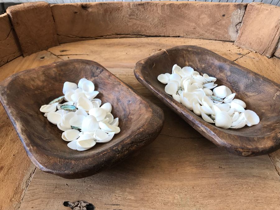 Pair Of Hand Carved Wooden Bowls Filled With Natural Seashells 9.5W X 6D X 2H Retails $70 [Photo 1]