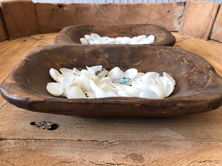 Pair Of Hand Carved Wooden Bowls Filled With Natural Seashells 9.5W X 6D X 2H Retails $70 [Photo 3]