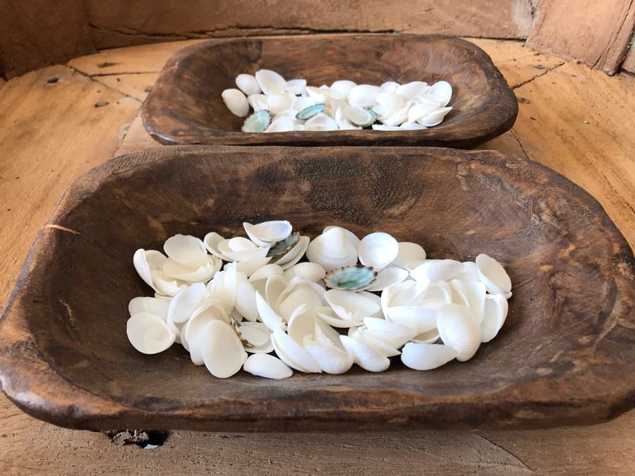 Pair Of Hand Carved Wooden Bowls Filled With Natural Seashells 9.5W X 6D X 2H Retails $70 [Photo 2]