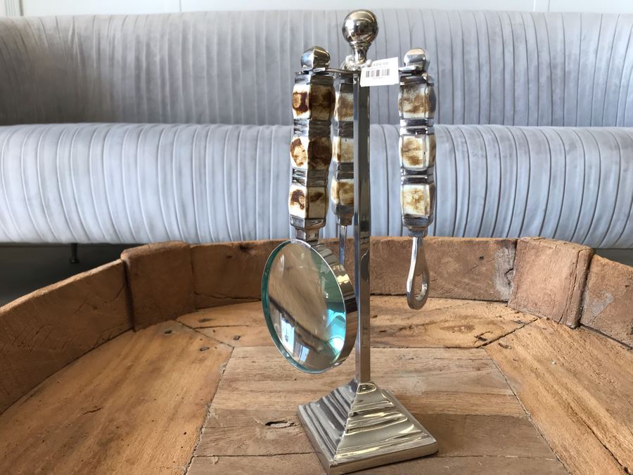 Editor's Chrome Rack Desk Set With Magnifying Glass, Letter Opener, Bottle Opener 13.5H Retails $129 [Photo 2]