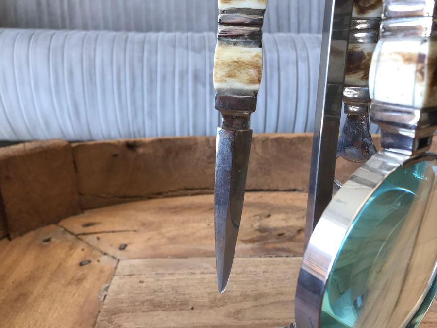 Editor's Chrome Rack Desk Set With Magnifying Glass, Letter Opener, Bottle Opener 13.5H Retails $129 [Photo 7]