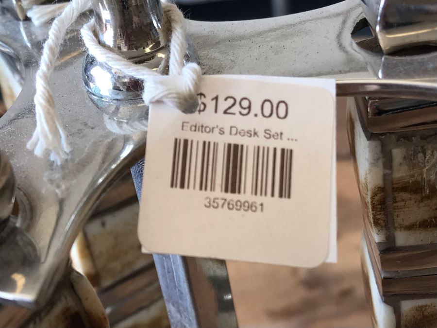 Editor's Chrome Rack Desk Set With Magnifying Glass, Letter Opener, Bottle Opener 13.5H Retails $129 [Photo 9]