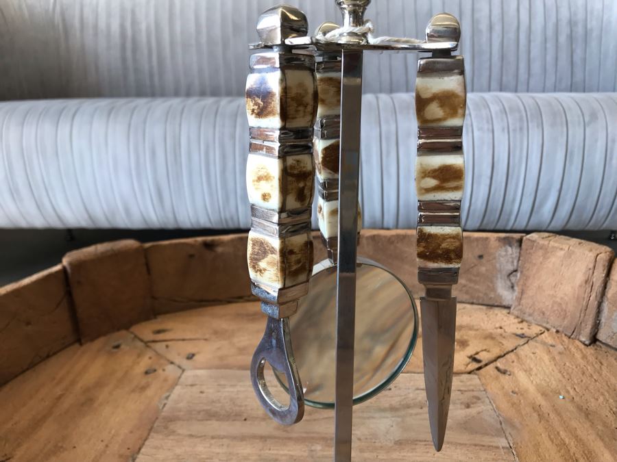 Editor's Chrome Rack Desk Set With Magnifying Glass, Letter Opener, Bottle Opener 13.5H Retails $129 [Photo 12]