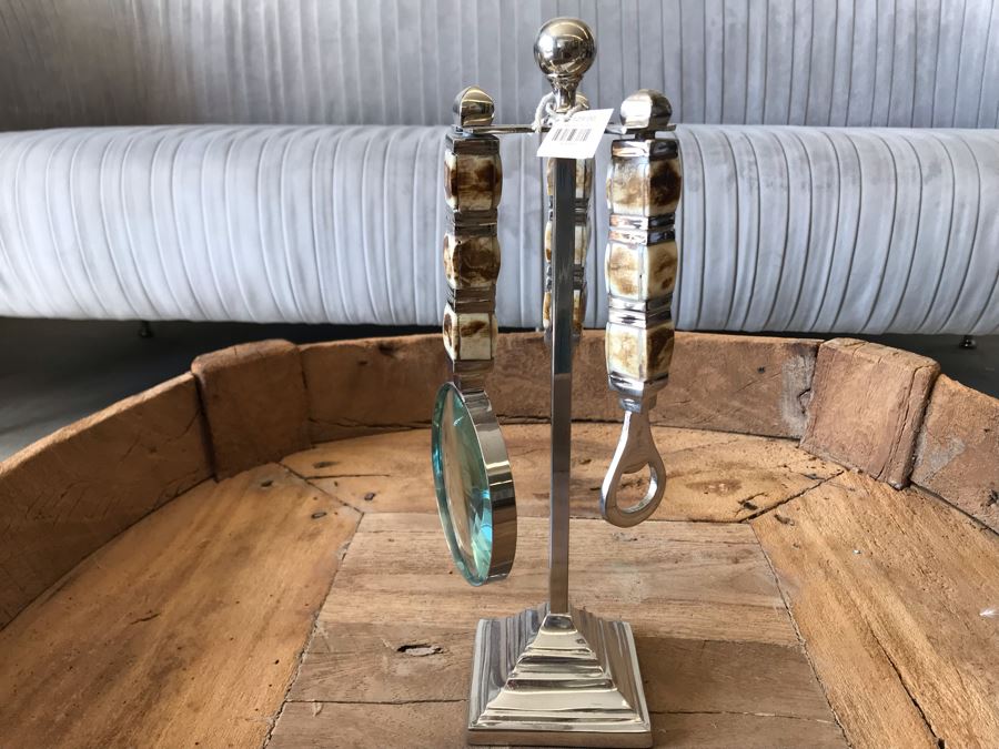 Editor's Chrome Rack Desk Set With Magnifying Glass, Letter Opener, Bottle Opener 13.5H Retails $129 [Photo 3]