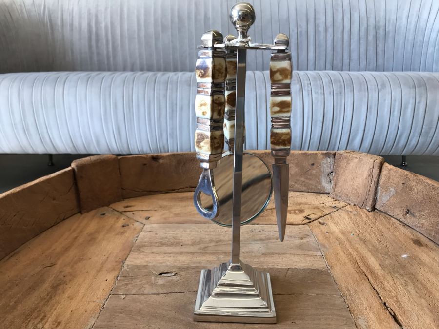 Editor's Chrome Rack Desk Set With Magnifying Glass, Letter Opener, Bottle Opener 13.5H Retails $129 [Photo 11]