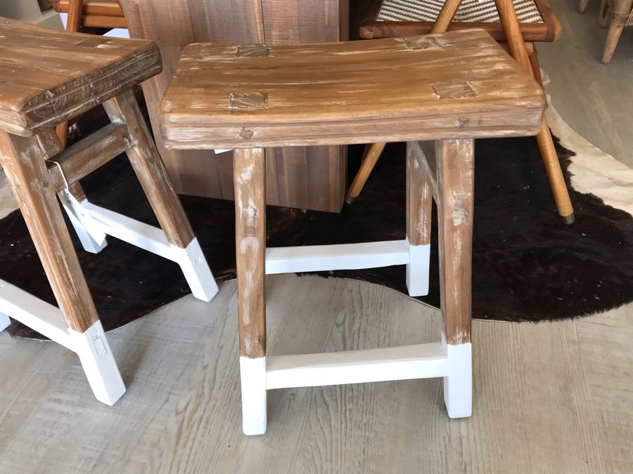 Pair Of Teak White Dip Stools 16.5W X 9.5D X 21.5H Retails $390 [Photo 3]