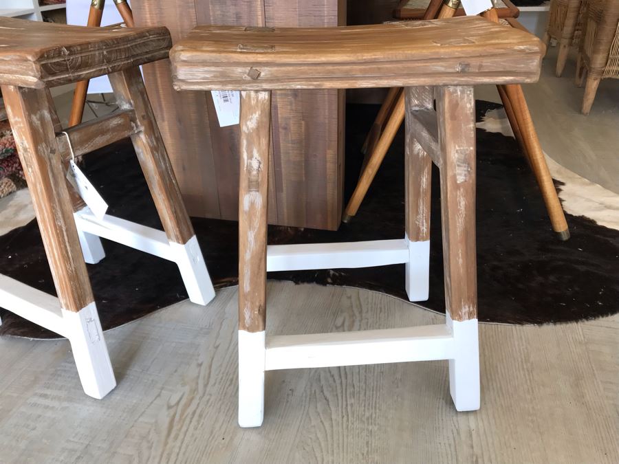 Pair Of Teak White Dip Stools 16.5W X 9.5D X 21.5H Retails $390 [Photo 4]