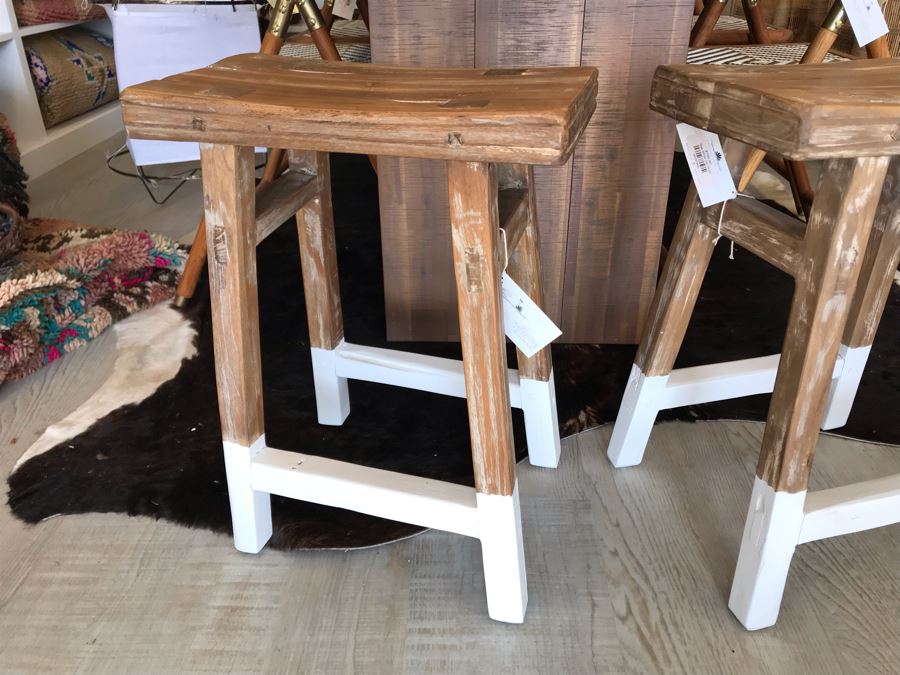 Pair Of Teak White Dip Stools 16.5W X 9.5D X 21.5H Retails $390 [Photo 5]