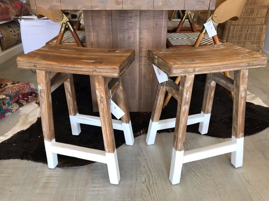 Pair Of Teak White Dip Stools 16.5W X 9.5D X 21.5H Retails $390 [Photo 2]