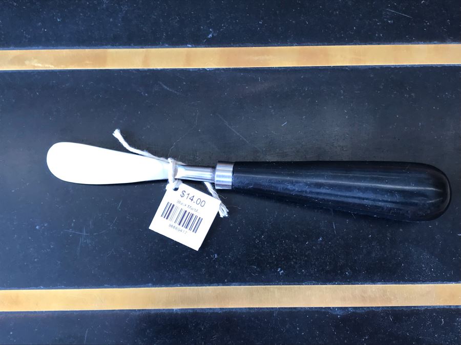 Dark Stone And Inlaid Brass Cheese Board 16W X 9D And Black Marble Cheese Knife Retails $81 [Photo 3]