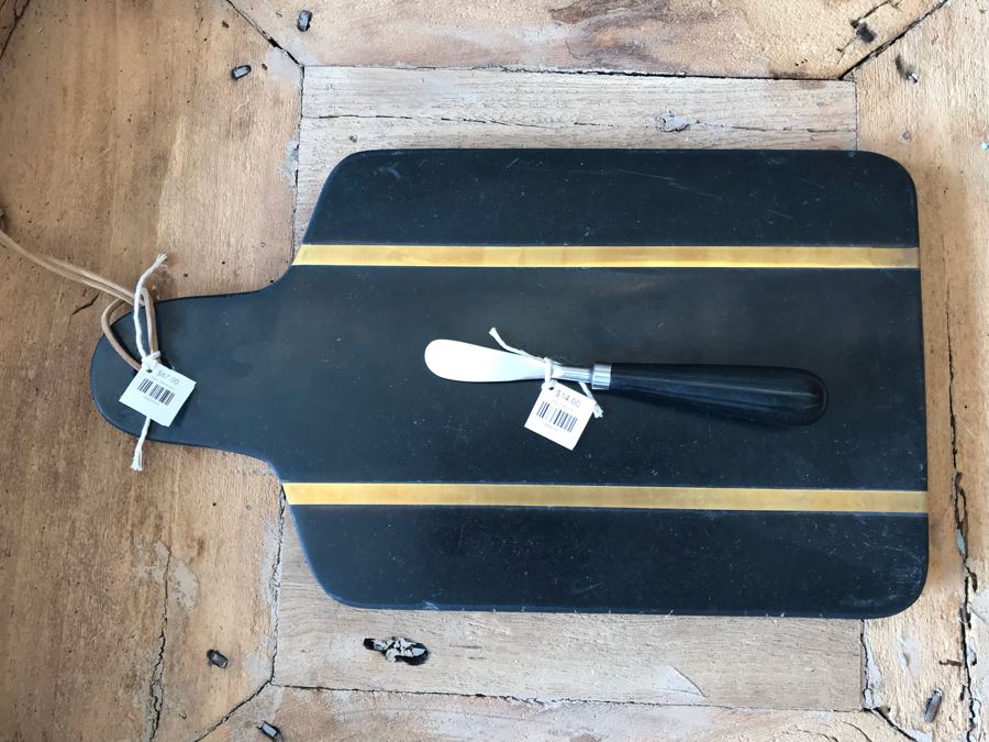 Dark Stone And Inlaid Brass Cheese Board 16W X 9D And Black Marble Cheese Knife Retails $81