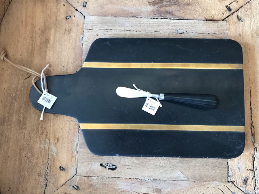 Dark Stone And Inlaid Brass Cheese Board 16W X 9D And Black Marble Cheese Knife Retails $81 [Photo 2]