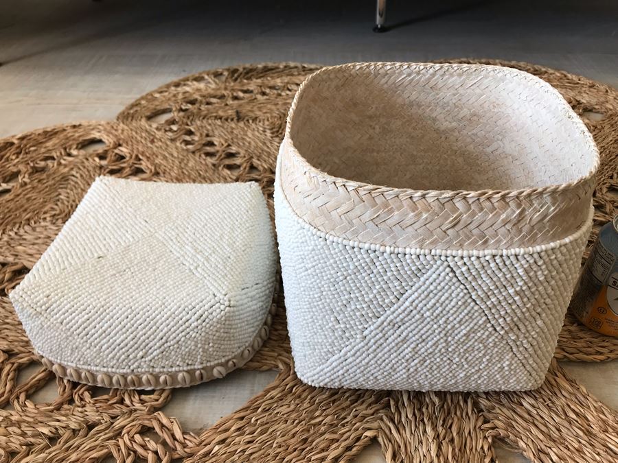 Set Of (3) Graduated Hand Beaded Shell Boxes White Larger Box Is 9W X 8D X 11H Retails $279 [Photo 9]