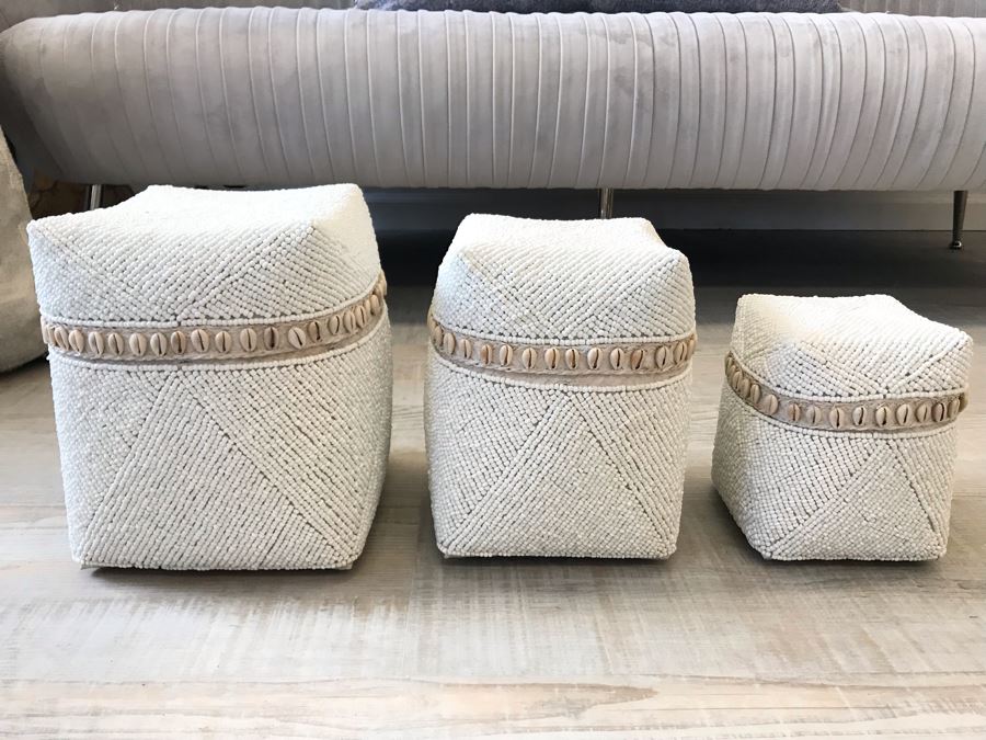 Set Of (3) Graduated Hand Beaded Shell Boxes White Larger Box Is 9W X 8D X 11H Retails $279 [Photo 1]