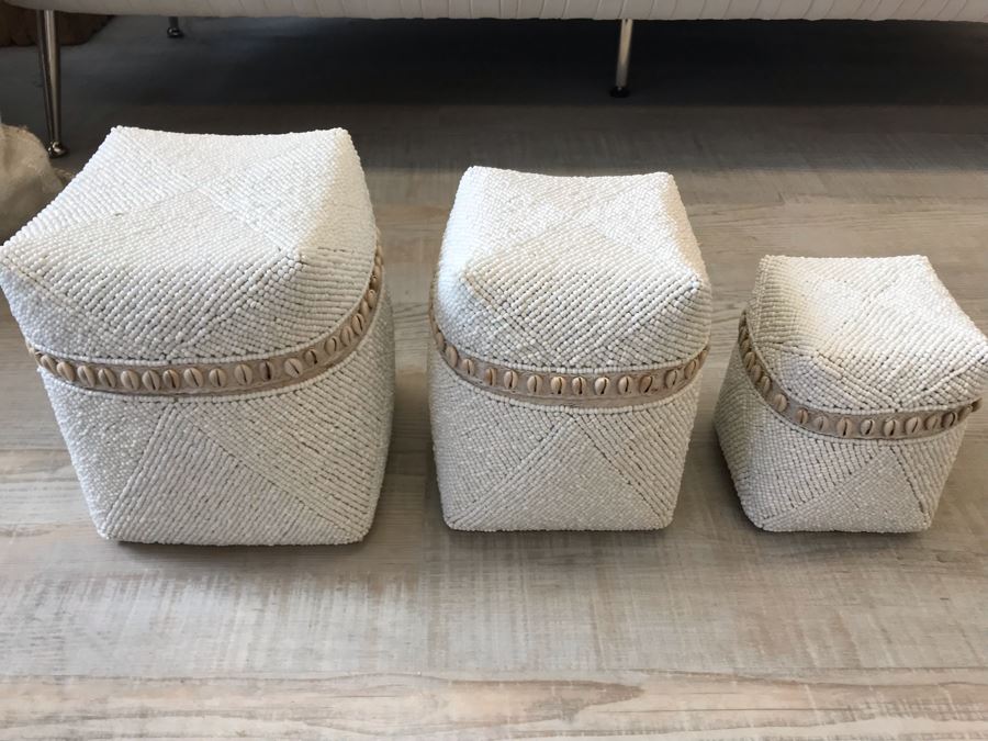 Set Of (3) Graduated Hand Beaded Shell Boxes White Larger Box Is 9W X 8D X 11H Retails $279 [Photo 3]