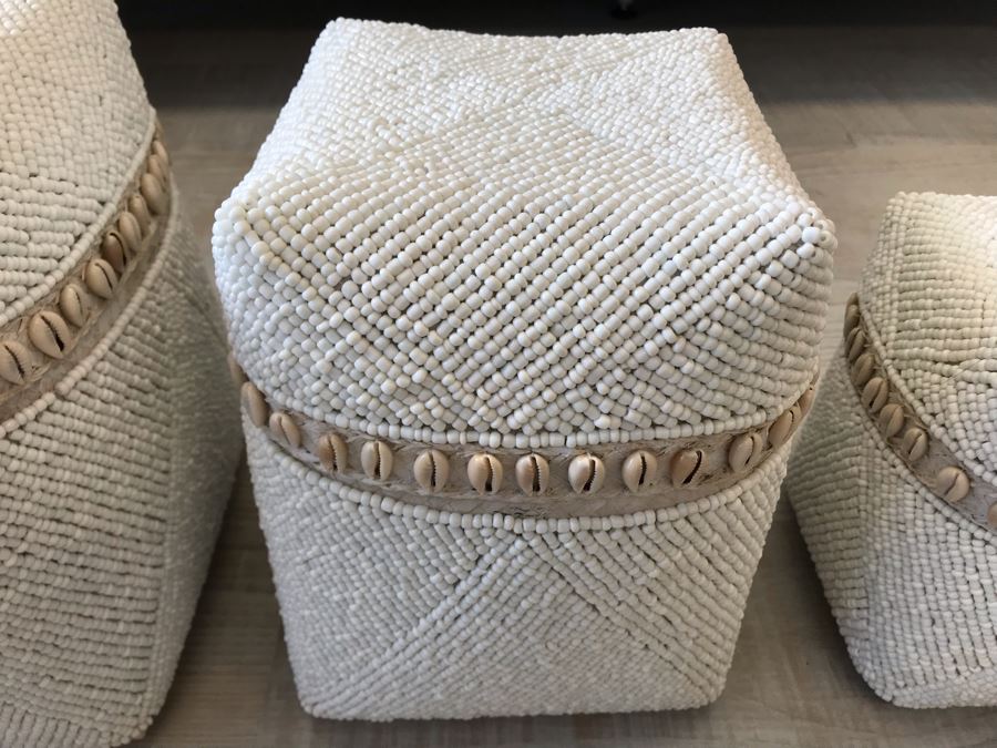 Set Of (3) Graduated Hand Beaded Shell Boxes White Larger Box Is 9W X 8D X 11H Retails $279 [Photo 4]
