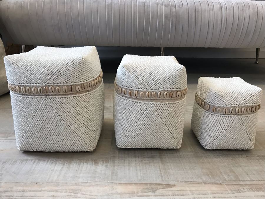Set Of (3) Graduated Hand Beaded Shell Boxes White Larger Box Is 9W X 8D X 11H Retails $279 [Photo 2]