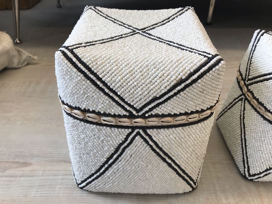 Set Of (3) Graduated Hand Beaded Shell Boxes White Larger Box Is 10W X 10D X 11H Retails $279 [Photo 7]