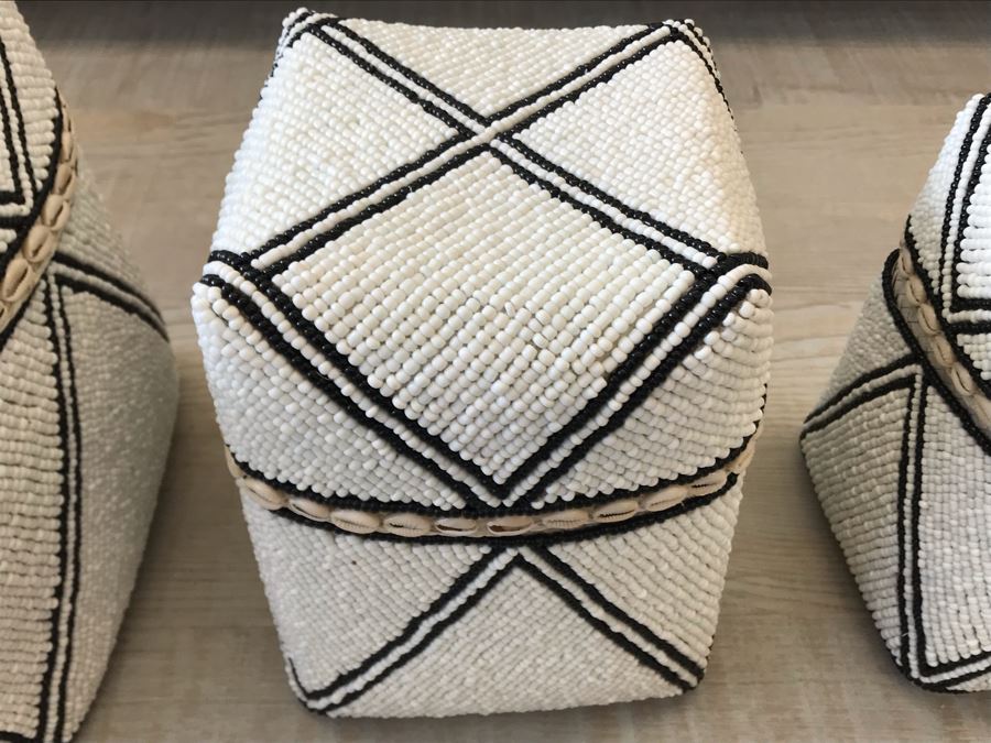 Set Of (3) Graduated Hand Beaded Shell Boxes White Larger Box Is 10W X 10D X 11H Retails $279 [Photo 10]