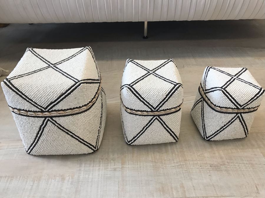 Set Of (3) Graduated Hand Beaded Shell Boxes White Larger Box Is 10W X 10D X 11H Retails $279 [Photo 6]
