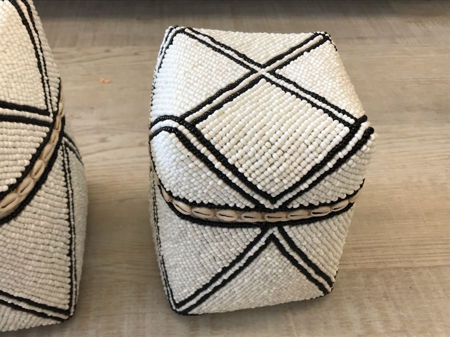 Set Of (3) Graduated Hand Beaded Shell Boxes White Larger Box Is 10W X 10D X 11H Retails $279 [Photo 11]