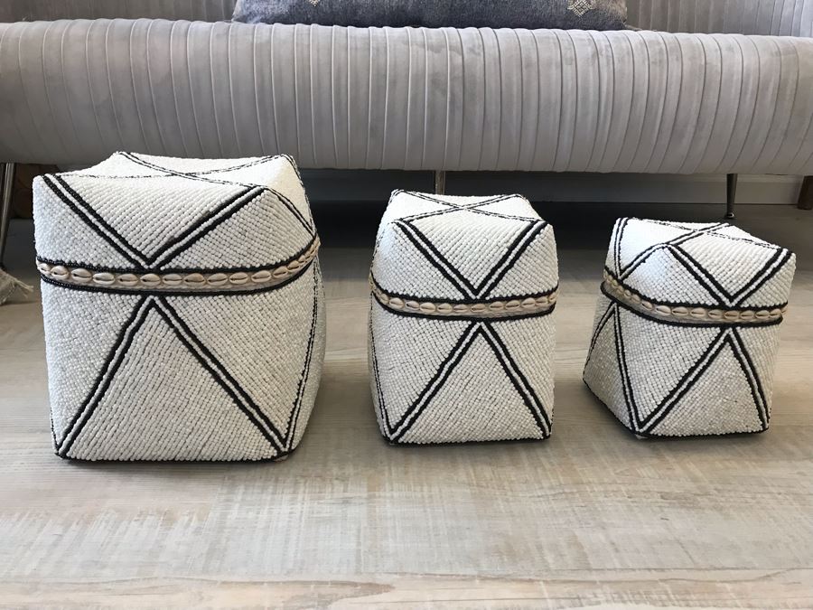 Set Of (3) Graduated Hand Beaded Shell Boxes White Larger Box Is 10W X 10D X 11H Retails $279 [Photo 5]