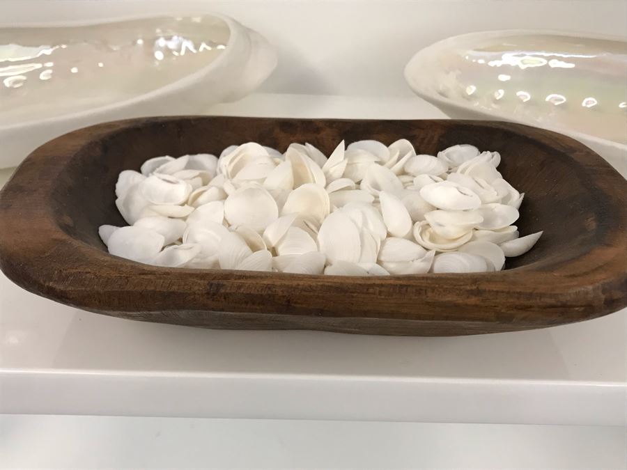 Pair Of Abolone Shell Bowls 12W X 6D And Hand Carved Wooden Bowl 10W X 6D Filled With Natural Shells Retails $120 [Photo 3]