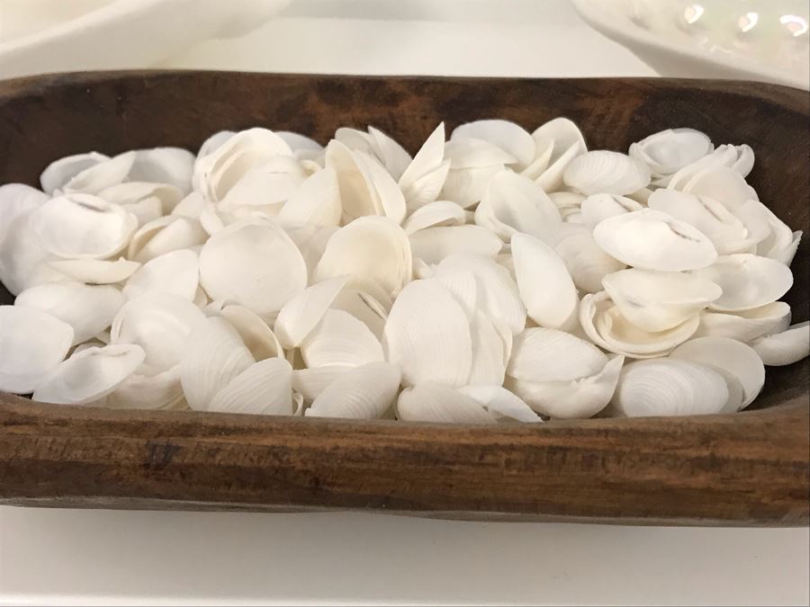 Pair Of Abolone Shell Bowls 12W X 6D And Hand Carved Wooden Bowl 10W X 6D Filled With Natural Shells Retails $120 [Photo 4]