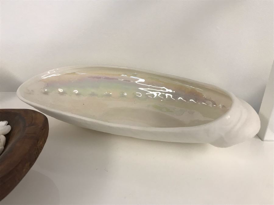 Pair Of Abolone Shell Bowls 12W X 6D And Hand Carved Wooden Bowl 10W X 6D Filled With Natural Shells Retails $120 [Photo 5]