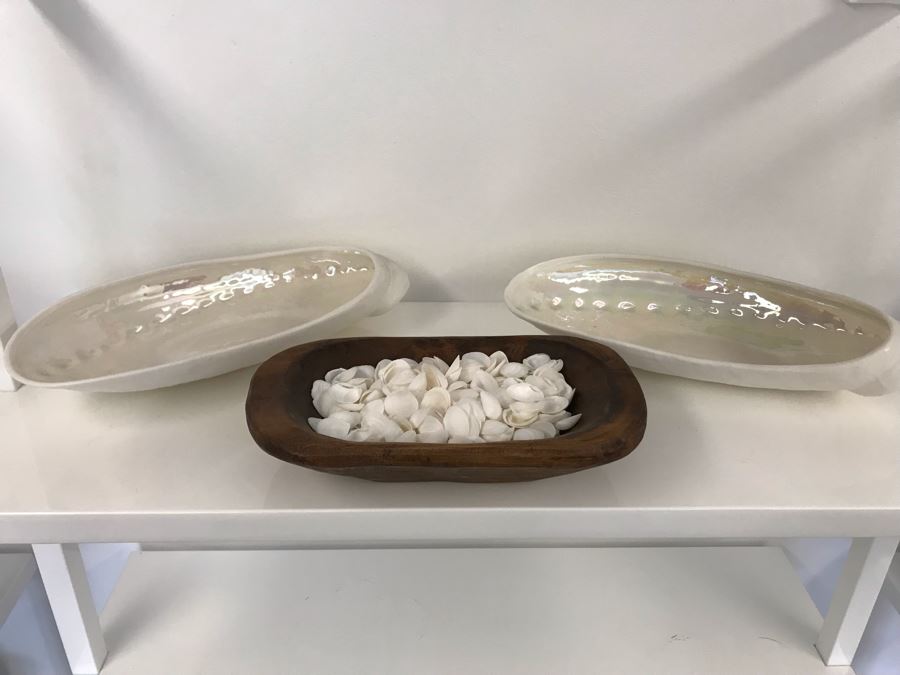 Pair Of Abolone Shell Bowls 12W X 6D And Hand Carved Wooden Bowl 10W X 6D Filled With Natural Shells Retails $120 [Photo 1]