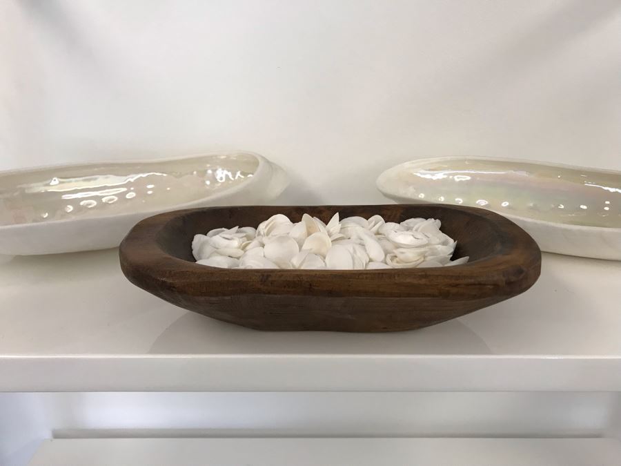 Pair Of Abolone Shell Bowls 12W X 6D And Hand Carved Wooden Bowl 10W X 6D Filled With Natural Shells Retails $120 [Photo 2]