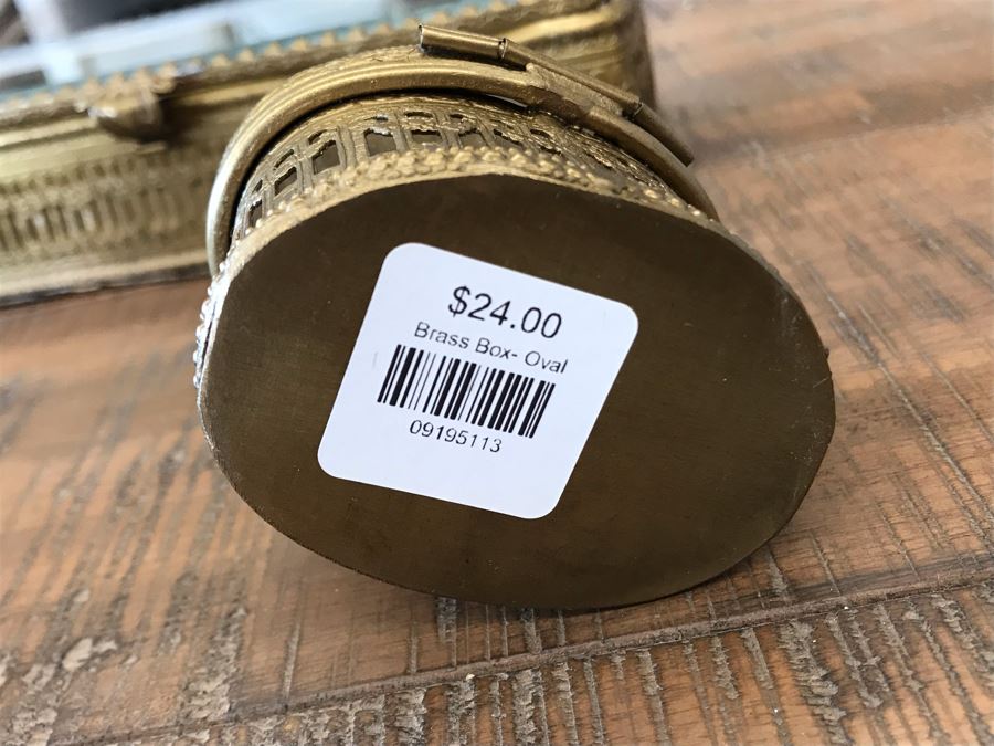 Rectangular Brass Box With Glass Top, Oval Metal Box With Glass Top And Oval Metal Glass Lined Salt Cellar With Spoon Retails $90 [Photo 13]