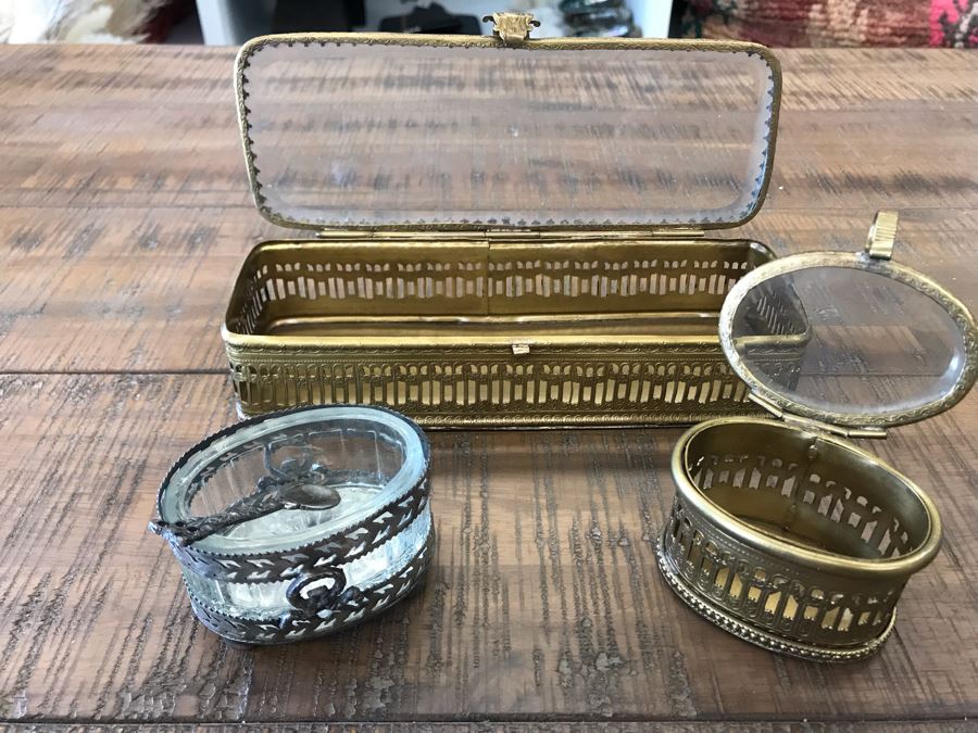 Rectangular Brass Box With Glass Top, Oval Metal Box With Glass Top And Oval Metal Glass Lined Salt Cellar With Spoon Retails $90 [Photo 10]