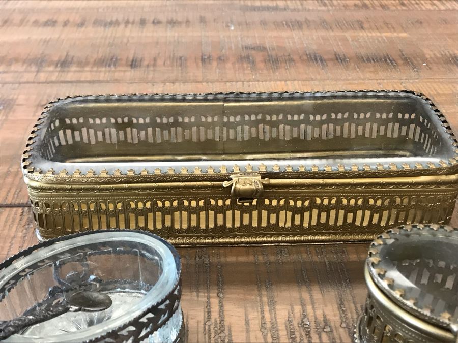 Rectangular Brass Box With Glass Top, Oval Metal Box With Glass Top And Oval Metal Glass Lined Salt Cellar With Spoon Retails $90 [Photo 7]