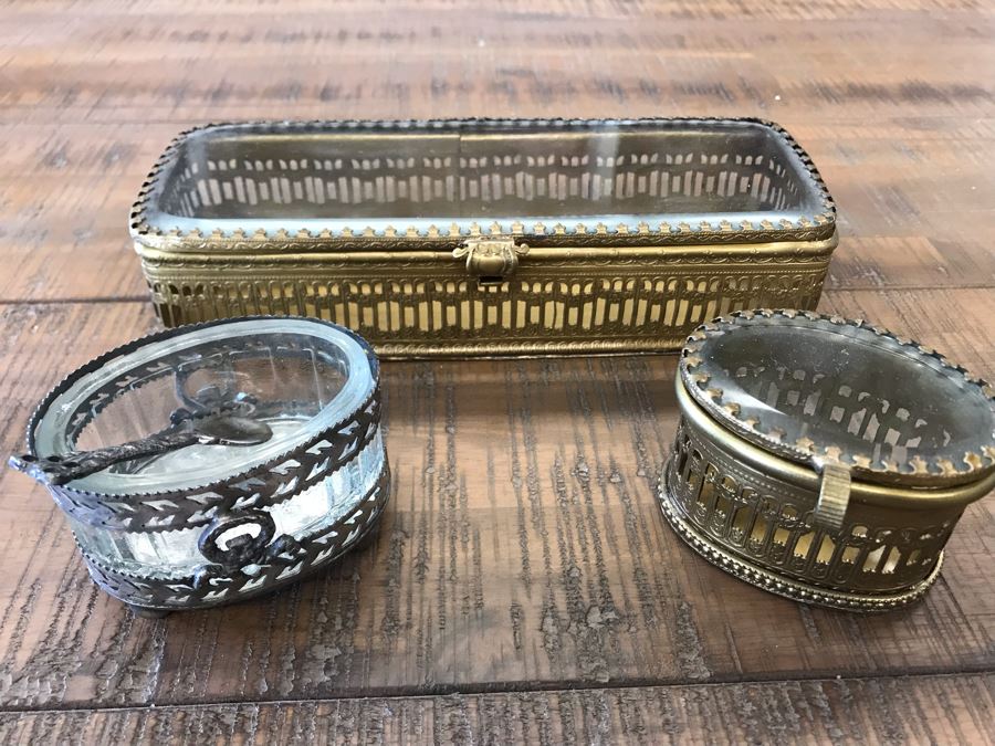 Rectangular Brass Box With Glass Top, Oval Metal Box With Glass Top And Oval Metal Glass Lined Salt Cellar With Spoon Retails $90 [Photo 1]