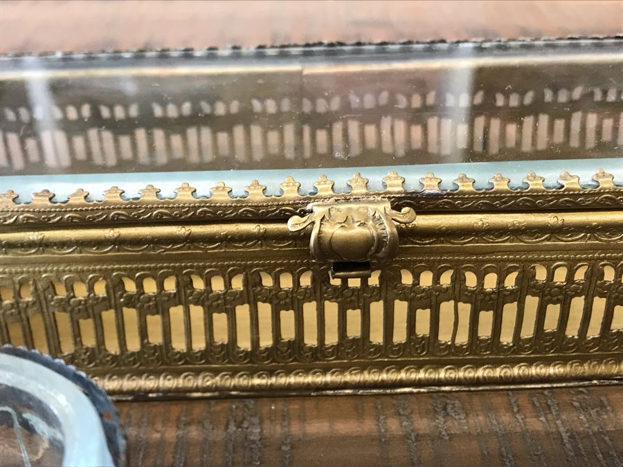 Rectangular Brass Box With Glass Top, Oval Metal Box With Glass Top And Oval Metal Glass Lined Salt Cellar With Spoon Retails $90 [Photo 8]