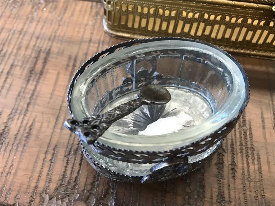 Rectangular Brass Box With Glass Top, Oval Metal Box With Glass Top And Oval Metal Glass Lined Salt Cellar With Spoon Retails $90 [Photo 4]